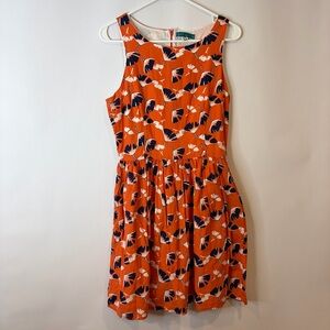 Pim + Larkin Orange Sun Dress with Ginkgo Leaves Navy White Print Medium Cotton